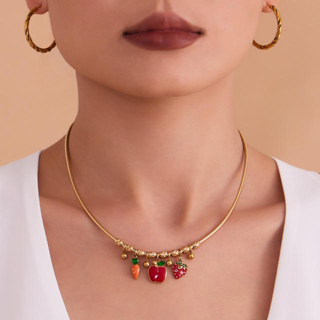 Color enamel fruit diamond heart multi charm stainless steel necklace choker necklace