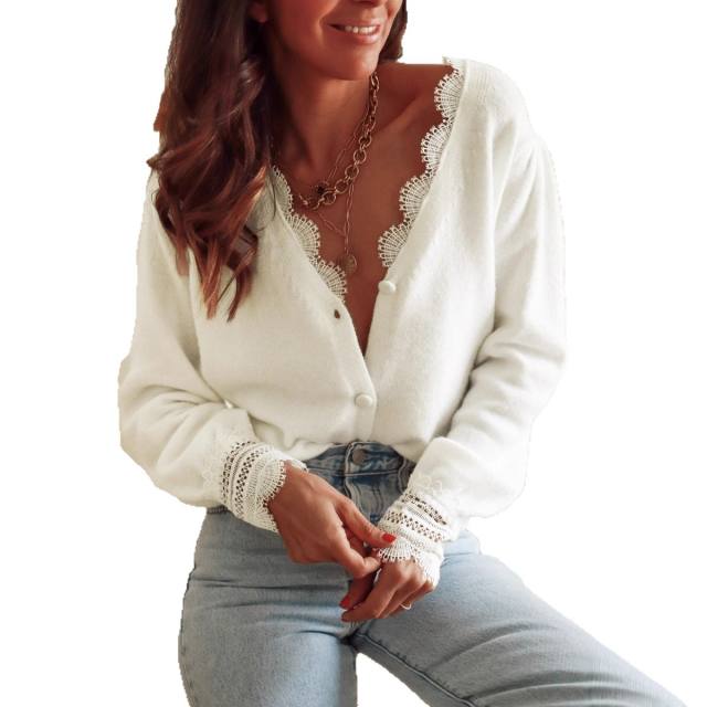 Lace Splicing V-Neck Knitted Cardigan for Women