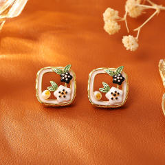 Vintage fresh water pearl enamel flower copper necklace ear studs suit