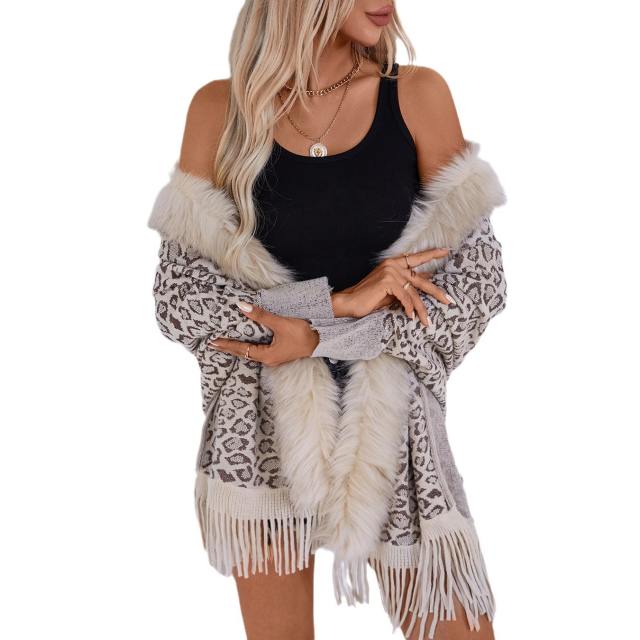 Leopard Print Fur Collar Shawl Knitted Coat Autumn Winter Loose Bat Sleeve Sweater Cape Cardigan for Women