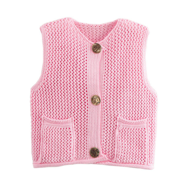 New Solid Color Knitted Vest Cardigan Single-Breasted Copper Button Sweater Sleeveless Pocket Small Jacket for Women