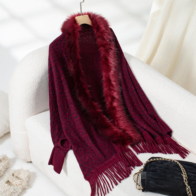 Leopard Print Fur Collar Shawl Knitted Coat Autumn Winter Loose Bat Sleeve Sweater Cape Cardigan for Women