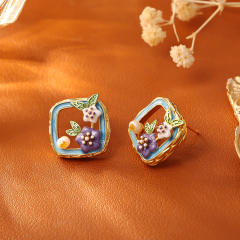 Vintage fresh water pearl enamel flower copper necklace ear studs suit