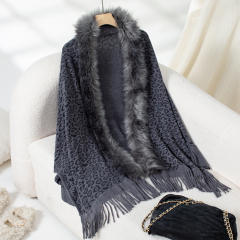 Leopard Print Fur Collar Shawl Knitted Coat Autumn Winter Loose Bat Sleeve Sweater Cape Cardigan for Women