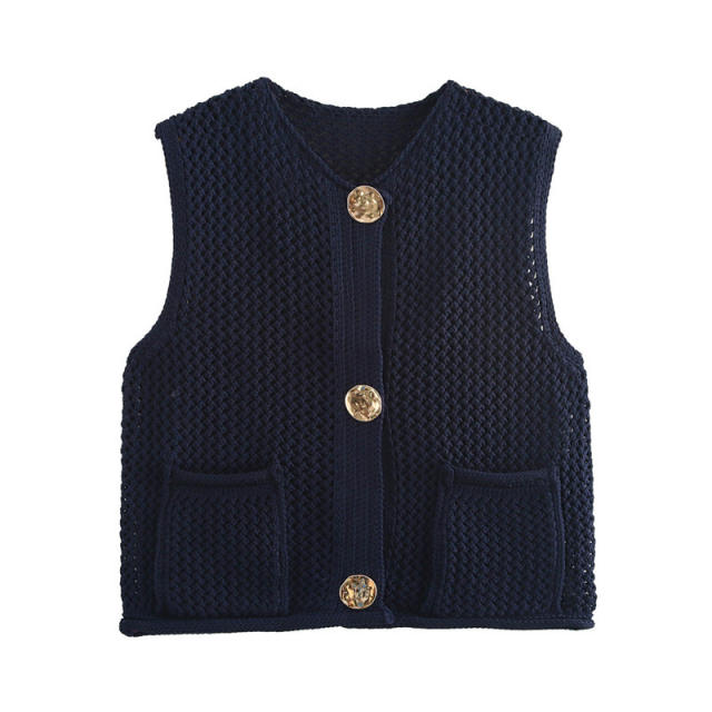 New Solid Color Knitted Vest Cardigan Single-Breasted Copper Button Sweater Sleeveless Pocket Small Jacket for Women