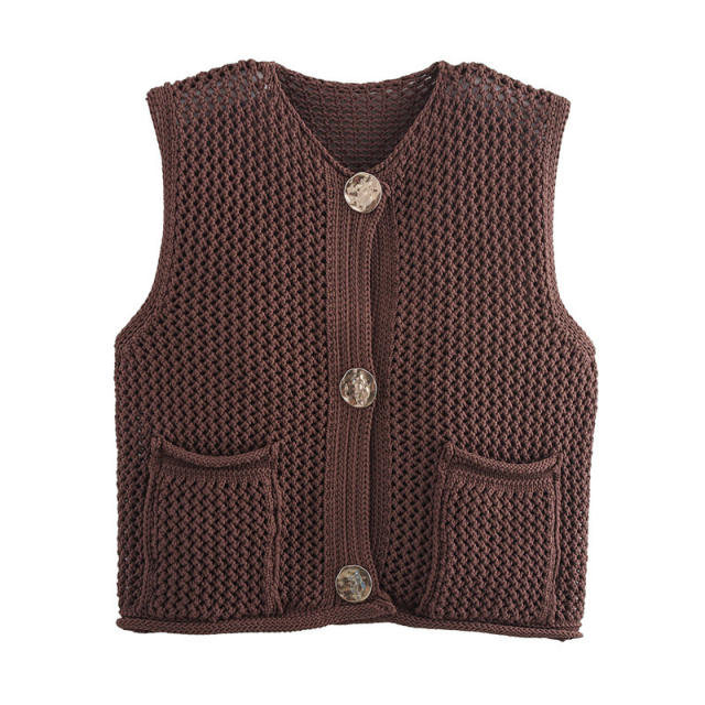 New Solid Color Knitted Vest Cardigan Single-Breasted Copper Button Sweater Sleeveless Pocket Small Jacket for Women