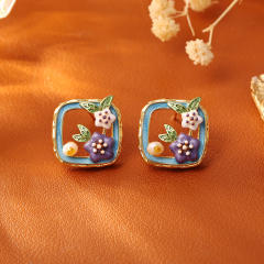 Vintage fresh water pearl enamel flower copper necklace ear studs suit