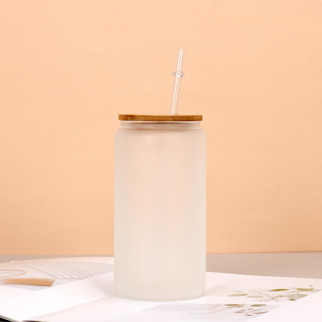 Thickened Frosted Gradient High Borosilicate Glass Jar Water Cup Bamboo Lid Straw Outdoor