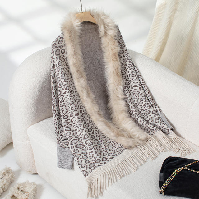 Leopard Print Fur Collar Shawl Knitted Coat Autumn Winter Loose Bat Sleeve Sweater Cape Cardigan for Women