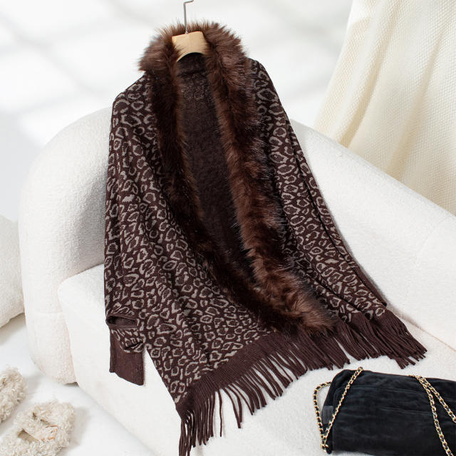 Leopard Print Fur Collar Shawl Knitted Coat Autumn Winter Loose Bat Sleeve Sweater Cape Cardigan for Women