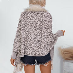 Leopard Print Fur Collar Shawl Knitted Coat Autumn Winter Loose Bat Sleeve Sweater Cape Cardigan for Women