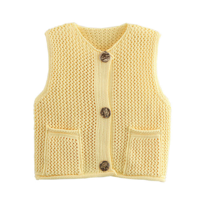 New Solid Color Knitted Vest Cardigan Single-Breasted Copper Button Sweater Sleeveless Pocket Small Jacket for Women