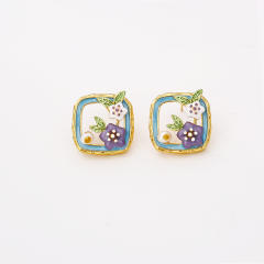 Vintage fresh water pearl enamel flower copper necklace ear studs suit