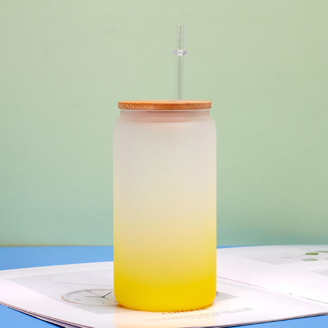 Thickened Frosted Gradient High Borosilicate Glass Jar Water Cup Bamboo Lid Straw Outdoor