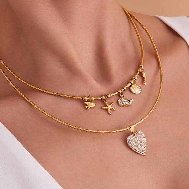 Color enamel fruit diamond heart multi charm stainless steel necklace choker necklace