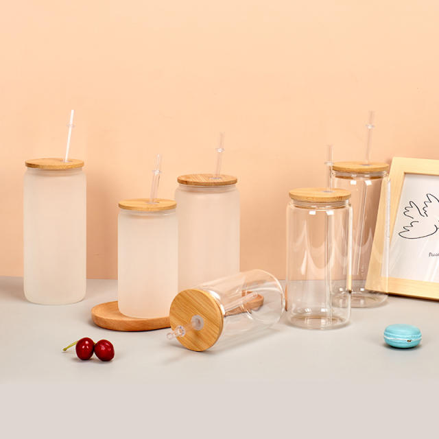 Thickened Frosted Gradient High Borosilicate Glass Jar Water Cup Bamboo Lid Straw Outdoor