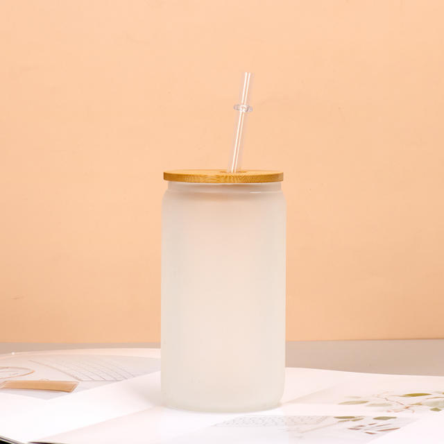 Thickened Frosted Gradient High Borosilicate Glass Jar Water Cup Bamboo Lid Straw Outdoor
