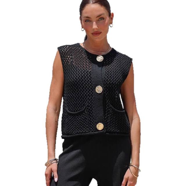 New Solid Color Knitted Vest Cardigan Single-Breasted Copper Button Sweater Sleeveless Pocket Small Jacket for Women