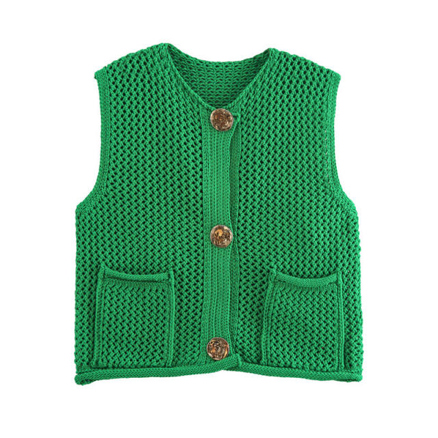 New Solid Color Knitted Vest Cardigan Single-Breasted Copper Button Sweater Sleeveless Pocket Small Jacket for Women