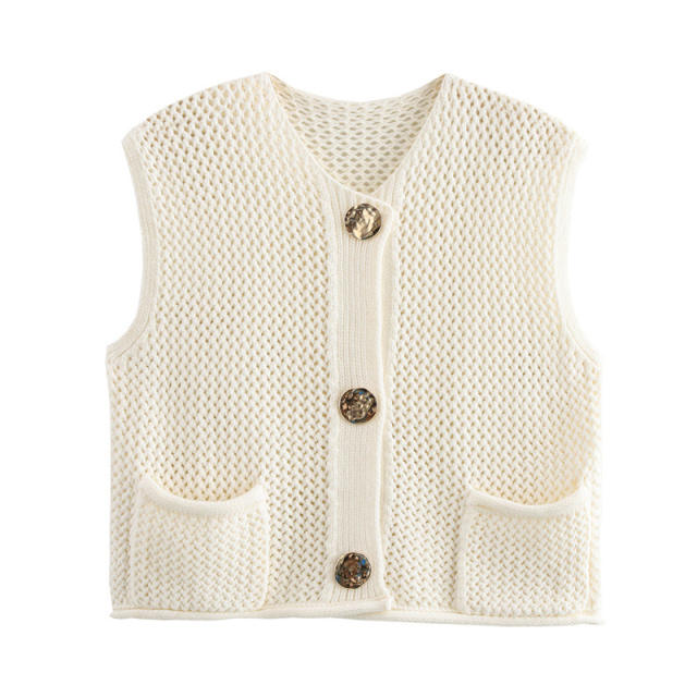New Solid Color Knitted Vest Cardigan Single-Breasted Copper Button Sweater Sleeveless Pocket Small Jacket for Women