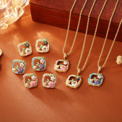 Vintage fresh water pearl enamel flower copper necklace ear studs suit