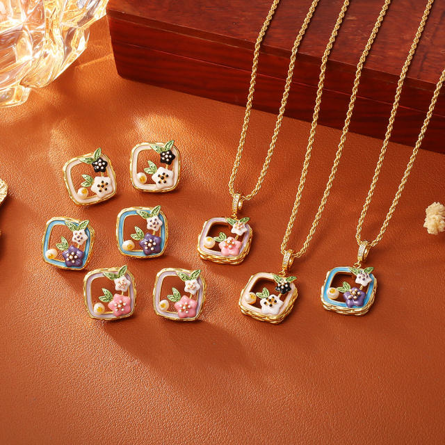 Vintage fresh water pearl enamel flower copper necklace ear studs suit