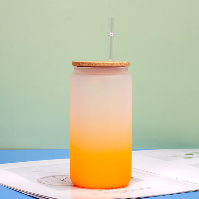 Thickened Frosted Gradient High Borosilicate Glass Jar Water Cup Bamboo Lid Straw Outdoor