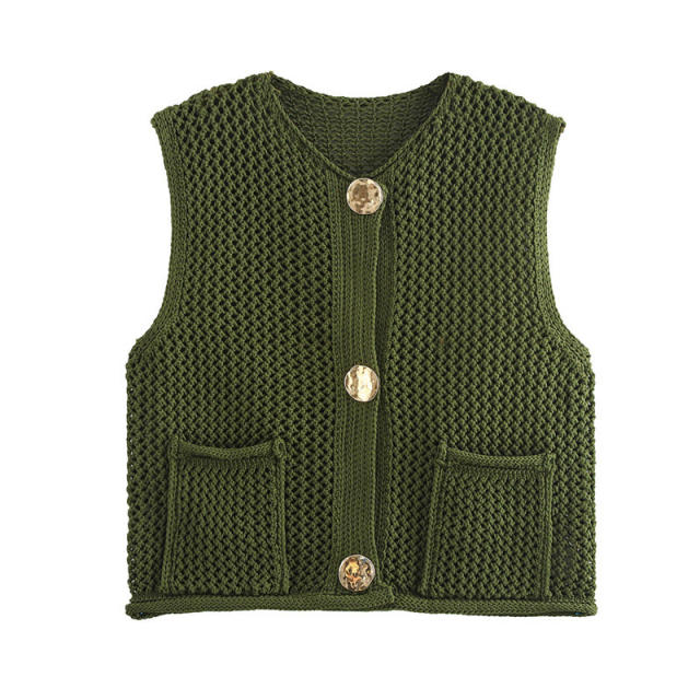 New Solid Color Knitted Vest Cardigan Single-Breasted Copper Button Sweater Sleeveless Pocket Small Jacket for Women