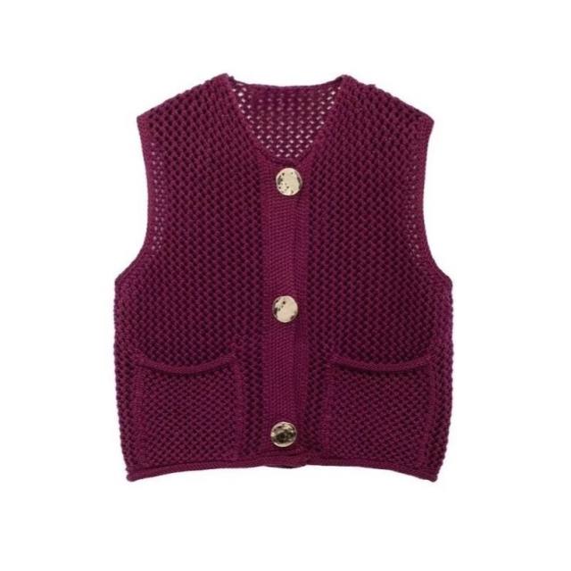 New Solid Color Knitted Vest Cardigan Single-Breasted Copper Button Sweater Sleeveless Pocket Small Jacket for Women