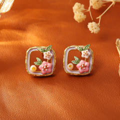 Vintage fresh water pearl enamel flower copper necklace ear studs suit