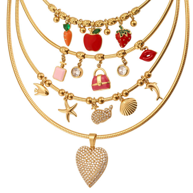 Color enamel fruit diamond heart multi charm stainless steel necklace choker necklace