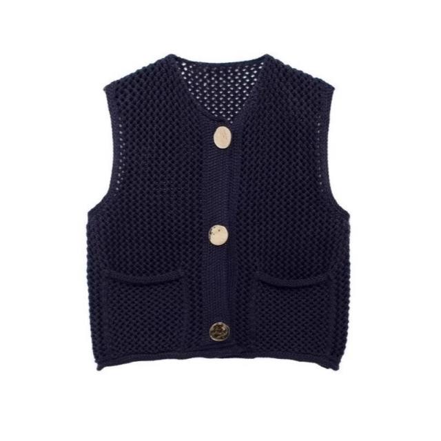 New Solid Color Knitted Vest Cardigan Single-Breasted Copper Button Sweater Sleeveless Pocket Small Jacket for Women