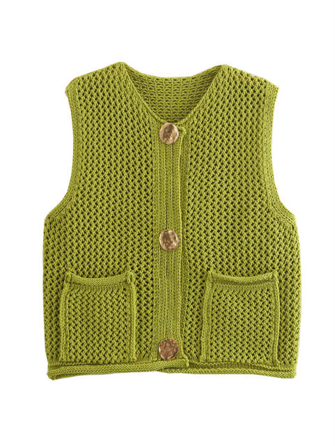New Solid Color Knitted Vest Cardigan Single-Breasted Copper Button Sweater Sleeveless Pocket Small Jacket for Women