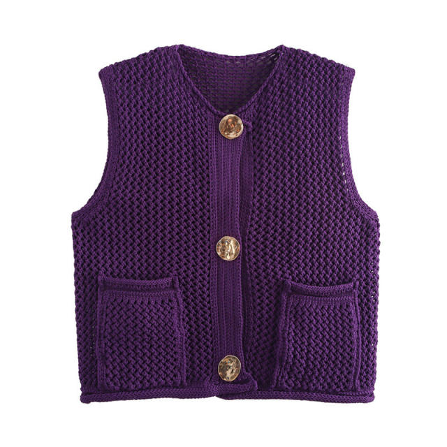 New Solid Color Knitted Vest Cardigan Single-Breasted Copper Button Sweater Sleeveless Pocket Small Jacket for Women