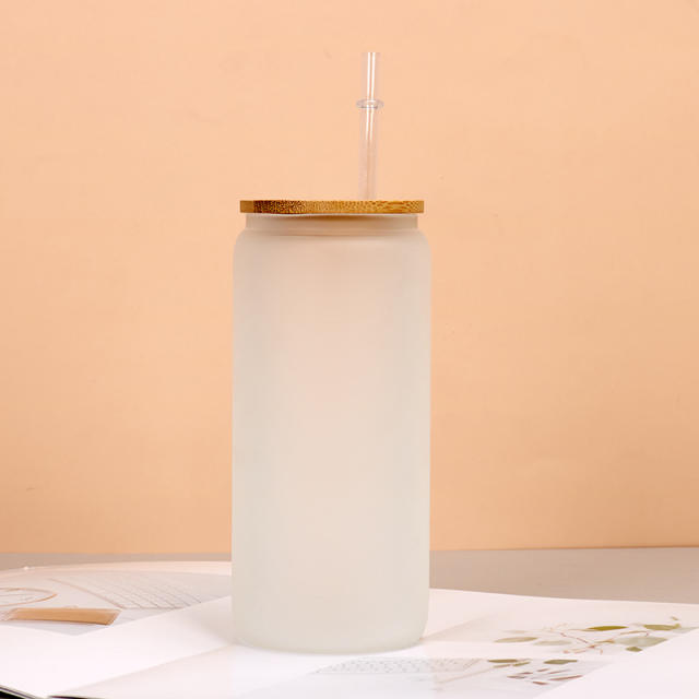 Thickened Frosted Gradient High Borosilicate Glass Jar Water Cup Bamboo Lid Straw Outdoor