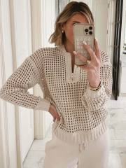 2025 Autumn Fashion Women's Pullover Zipper Half-placket Women's Amazon Hollow Long-sleeved Sweater