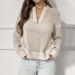 2025 Autumn Fashion Women's Pullover Zipper Half-placket Women's Amazon Hollow Long-sleeved Sweater