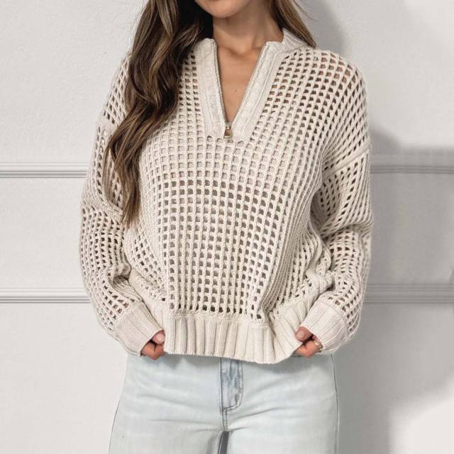 2025 Autumn Fashion Women's Pullover Zipper Half-placket Women's Amazon Hollow Long-sleeved Sweater