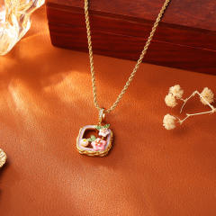 Vintage fresh water pearl enamel flower copper necklace ear studs suit