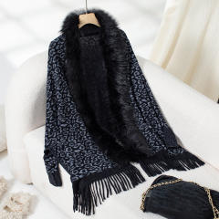 Leopard Print Fur Collar Shawl Knitted Coat Autumn Winter Loose Bat Sleeve Sweater Cape Cardigan for Women
