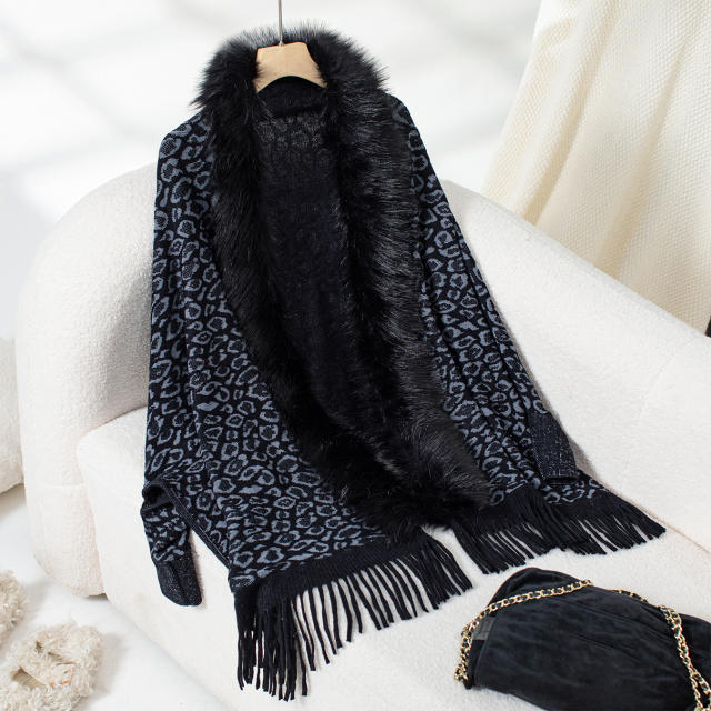 Leopard Print Fur Collar Shawl Knitted Coat Autumn Winter Loose Bat Sleeve Sweater Cape Cardigan for Women