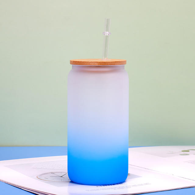 Thickened Frosted Gradient High Borosilicate Glass Jar Water Cup Bamboo Lid Straw Outdoor