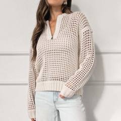 2025 Autumn Fashion Women's Pullover Zipper Half-placket Women's Amazon Hollow Long-sleeved Sweater