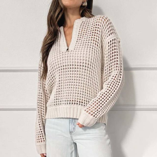 2025 Autumn Fashion Women's Pullover Zipper Half-placket Women's Amazon Hollow Long-sleeved Sweater