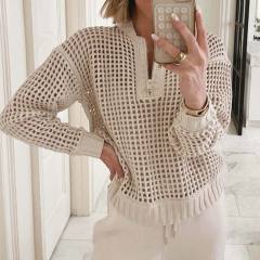 2025 Autumn Fashion Women's Pullover Zipper Half-placket Women's Amazon Hollow Long-sleeved Sweater
