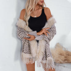 Leopard Print Fur Collar Shawl Knitted Coat Autumn Winter Loose Bat Sleeve Sweater Cape Cardigan for Women