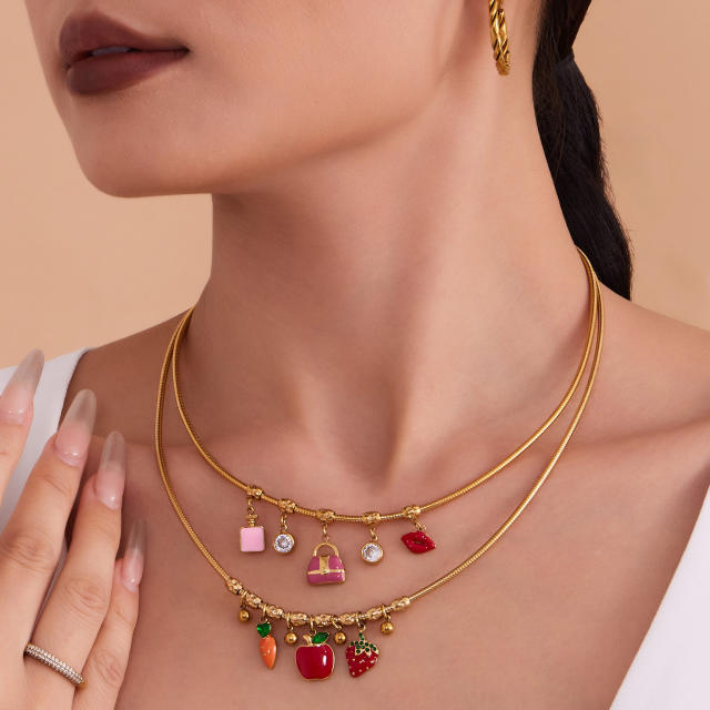 Color enamel fruit diamond heart multi charm stainless steel necklace choker necklace