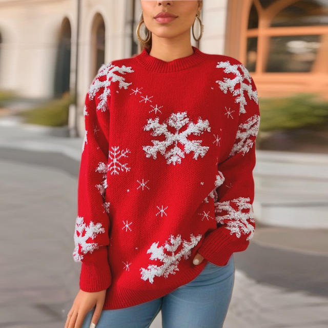 Red Christmas Sweater Women's Snowflake Embroidered Round Neck Long Sleeve Christmas Theme Pullover