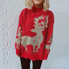 New Year Festival Pullover Gold Thread Brushed Jacquard Big Snowflake Elk Christmas Sweater for Women