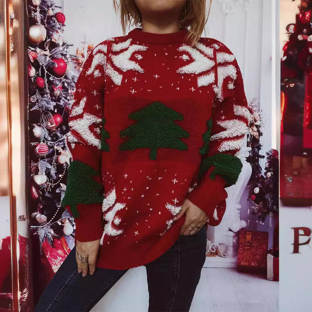 Autumn Winter Christmas Tree Jacquard Crewneck Long Sleeve Thickened Knitted Pullover Christmas Sweater